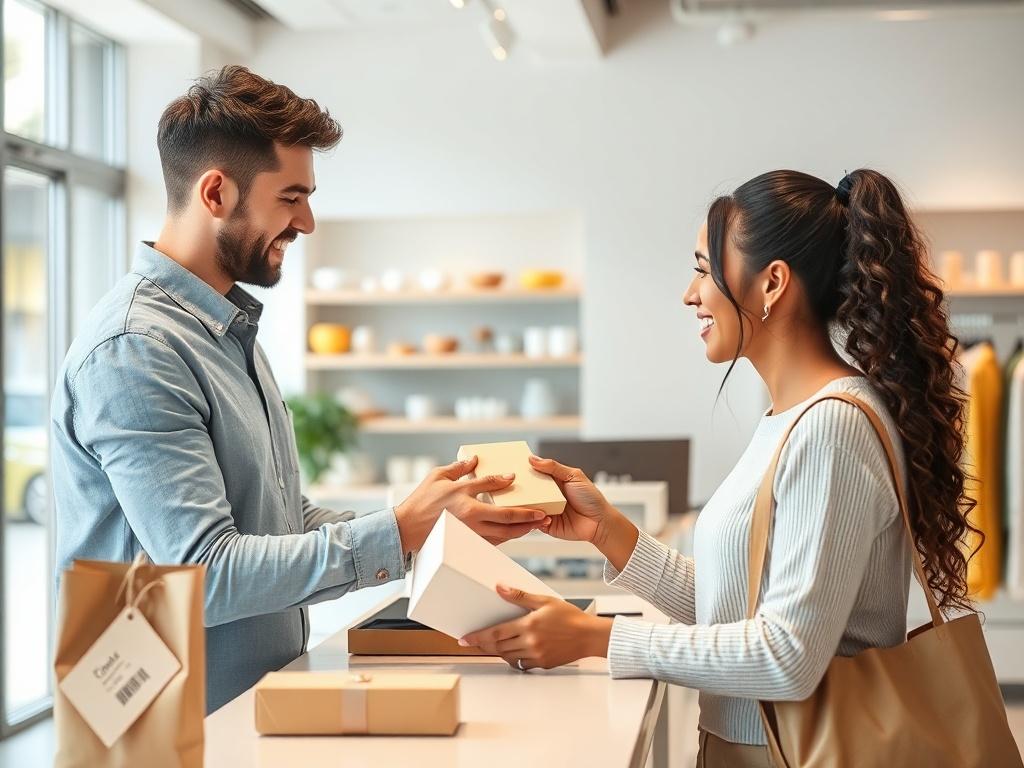 An image depicting a customer happily exchanging a product at a retail store. The scene should be bright and inviting, with a clean layout. The focus should be on the positive interaction between the customer and the store representative.