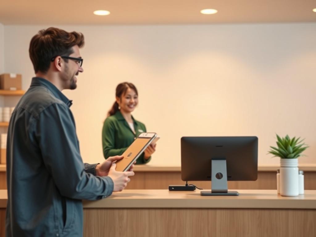 A simple and clean image showing a person happily returning a product at a customer service desk. The background should be minimalistic, with soft colors. The focus should be on the interaction between the customer and the staff, conveying friendliness and efficiency.