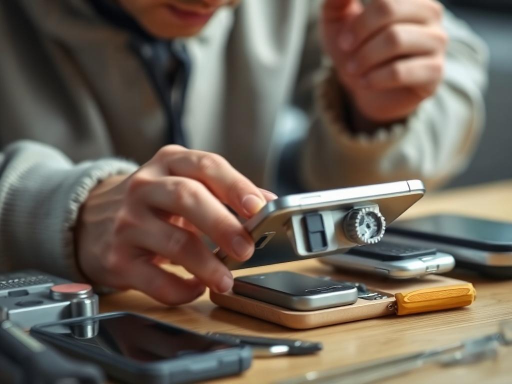 A close-up shot of a person examining a smartphone with a toolkit beside them, showcasing tools for mobile device repair. The background is softly blurred, creating a focused and engaging atmosphere of hands-on learning.