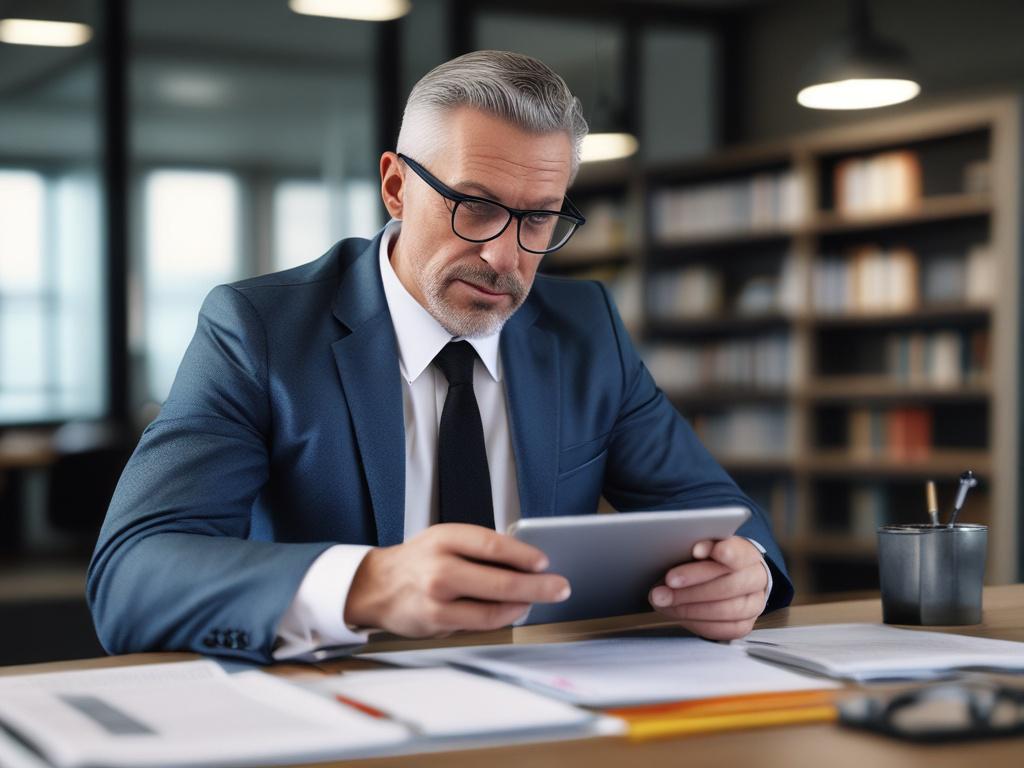 A professional close-up shot of a confident business consultant in a modern office setting, reviewing a drug licence application on a tablet. The consultant is a middle-aged South Asian male, wearing a smart suit, with a focused expression. The background features sleek office furniture and soft natural lighting, creating a warm and inviting atmosphere. The image is captured with a 45mm f/1.2 lens to achieve a shallow depth of field, emphasizing the consultant and the tablet, while the primary color rgb(50,