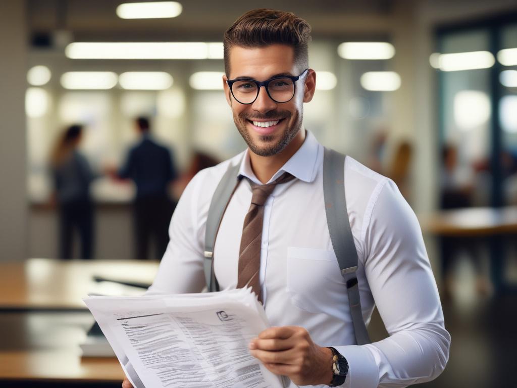 A close-up shot of a confident business owner holding a financial document, showcasing determination and focus. The background features a blurred office environment, emphasizing professionalism and clarity. The image should be captured with a 45mm f/1.2 lens to create a hyper-realistic effect, highlighting the subject's expressions. The color palette should incorporate shades compatible with rgb(50, 170, 39), enhancing the overall visual appeal.
