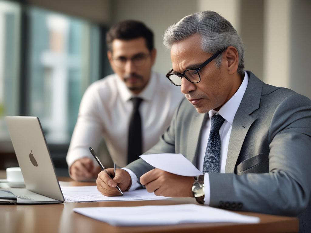 A hyper-realistic close-up shot of a business consultant assisting a client with firm registration paperwork. The consultant is a middle-aged South Asian male, wearing a formal shirt and glasses, looking professional and approachable. The client, a young South Asian female, is engaged and taking notes, with a laptop open on the table. The background features a modern office with soft lighting, conveying a sense of professionalism and trust. The color scheme includes the primary green color (rgb(50, 170, 39)