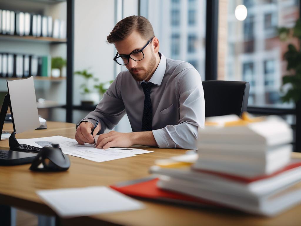 A close-up shot of a professional consultant sitting at a desk, reviewing food license application documents. The consultant is focused and engaged, with a laptop open in front of them displaying a food license application form. The background is softly blurred to emphasize the consultant, and the lighting is warm and inviting. The overall color scheme aligns with the rgb(50, 170, 39) primary color, adding a fresh and professional touch to the scene.