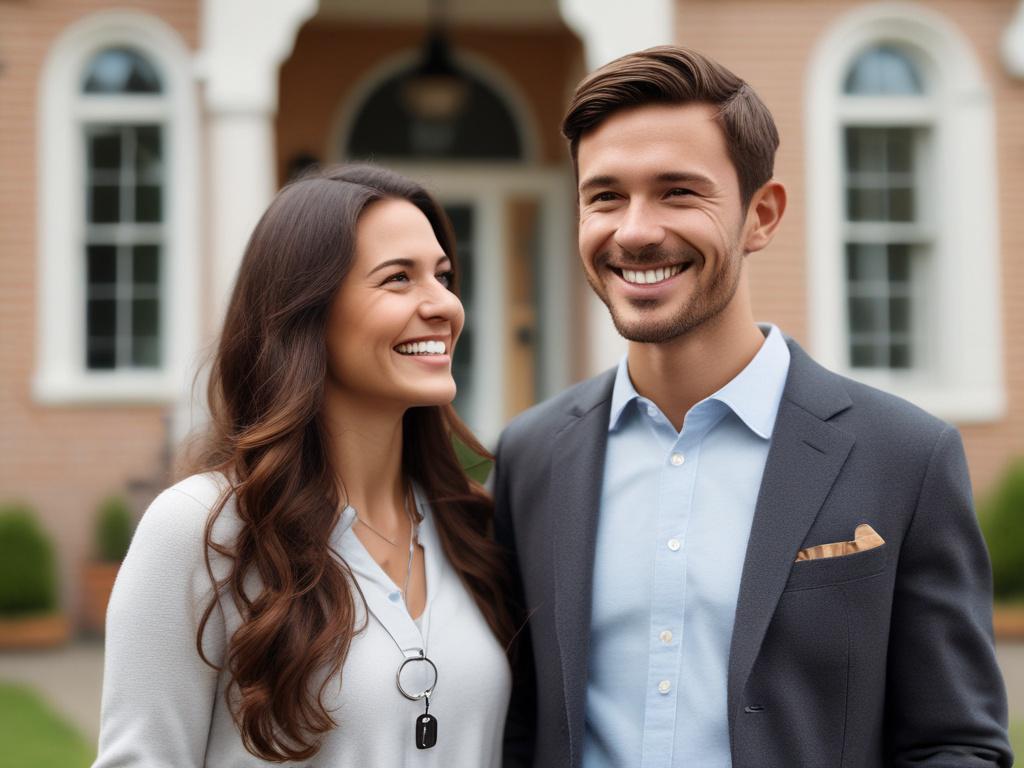 Create a realistic high-resolution photo of a happy couple standing in front of their new home, smiling and holding house keys. The composition should focus closely on the couple, with the house clearly visible in the background. The image should be shot with a 45mm f/1.2 lens style, emphasizing the joy of home ownership. The primary colors should align with rgb(50, 170, 39), creating a warm and inviting atmosphere.