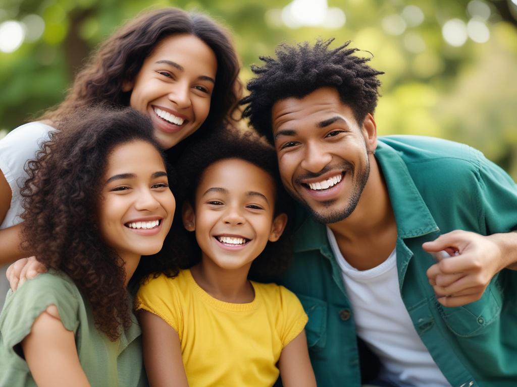 A close-up shot of a happy family with diverse backgrounds, all smiling and enjoying a sunny day in a green park. The focus is on their expressions of joy and connection, showcasing a sense of security and health. The background is softly blurred to emphasize the family in the foreground, harmonizing with the primary color rgb(50, 170, 39) in nature, such as grass and trees.