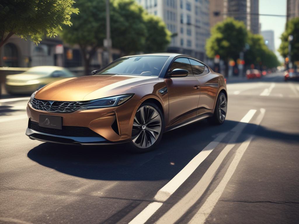 A hyper-realistic close-up shot of a modern car parked on a sunny street, showcasing its sleek design and shiny exterior. The background should be blurred to emphasize the vehicle, with soft green hues to match the primary color rgb(50, 170, 39). The composition should focus solely on the car, with no other elements distracting from the subject.