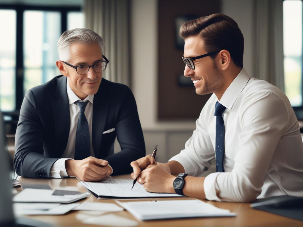 A hyper-realistic close-up shot of a confident financial advisor engaged in a consultation with a client. The advisor is attentively listening, showcasing a warm and approachable demeanor. The background is a modern office environment, softly blurred to keep the focus on the advisor and client. The image is shot with a 45mm f/1.2 lens to create a shallow depth of field, emphasizing the connection between the two individuals. The primary color theme should be compatible with rgb(50, 170, 39).