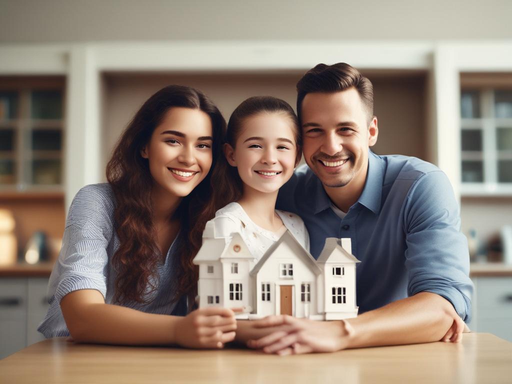 A close-up shot of a family smiling and looking content, surrounded by symbols of security like a house, car, and healthcare items. The background is softly blurred, highlighting the family as they represent safety and protection. The lighting is bright and cheerful, evoking feelings of trust and comfort. This high-resolution image should resonate with the concept of comprehensive insurance.