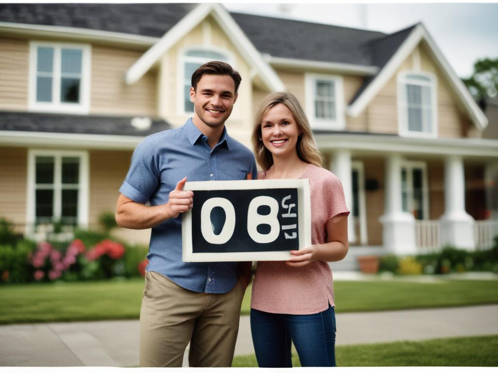 A close-up shot of a smiling couple standing in front of their new home, holding a 'Sold' sign. The background shows a welcoming house with a well-manicured lawn. The couple radiates happiness and excitement, capturing the essence of achieving a dream. The image should be high-resolution with a focus on the couple, creating a warm and inviting atmosphere.