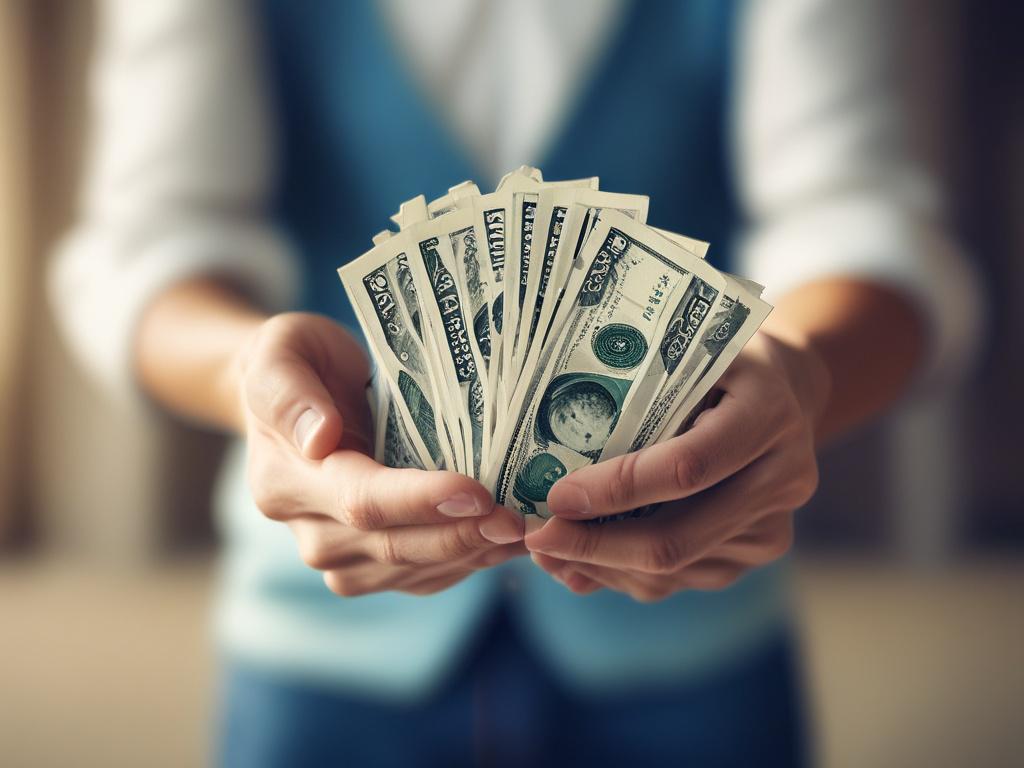 A close-up shot of a person holding a stack of cash with a joyful expression, symbolizing financial relief. The background is softly blurred to keep the focus on the subject. The lighting is warm and inviting, creating a sense of optimism. The scene captures the essence of quick financial assistance and personal empowerment. The image should be rendered in high resolution, emphasizing realistic details.