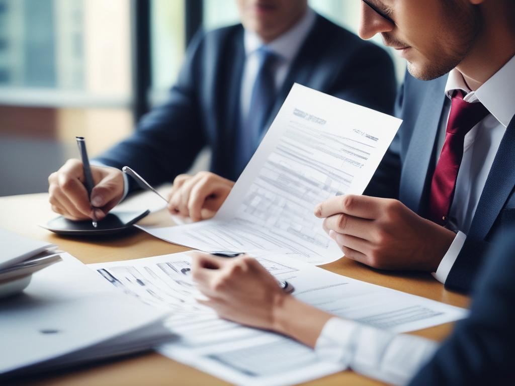 A hyper-realistic close-up shot of a professional consultant reviewing documents related to Labour Licence applications in an office setting. The consultant is focused and engaged, with a modern desk and a laptop in the background. The scene conveys a sense of professionalism and efficiency. The colors in the image should reflect the primary color rgb(50, 170, 39), with a well-lit environment emphasizing clarity and detail.