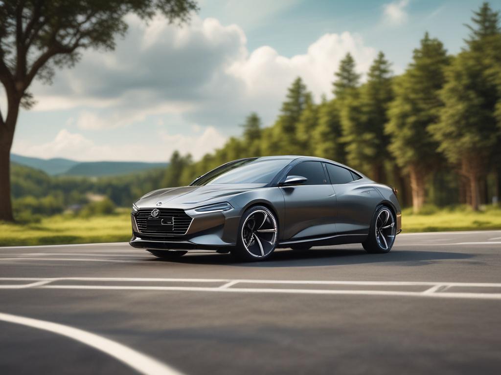 A close-up shot of a sleek, modern car parked on a scenic road, emphasizing its shiny exterior and elegant design. The background shows a blurred landscape of greenery, symbolizing freedom and adventure. The photo should be captured with a 45mm f/1.2 lens style to create a shallow depth of field, focusing entirely on the car while giving a hint of the beautiful scenery around it. The color palette should harmonize with the primary color rgb(50, 170, 39).