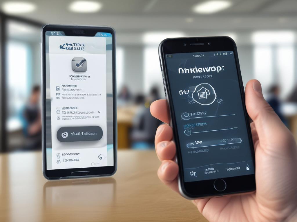 A close-up shot of a person holding a smartphone displaying a personal loan application on the screen. The background should be a soft, blurred office setting, conveying professionalism and accessibility. The subject should have a confident smile, portraying satisfaction and ease in the loan process. The lighting should be warm and inviting, emphasizing a sense of trust and reliability. Capture the image with a 45mm f/1.2 lens to achieve a beautiful bokeh effect.