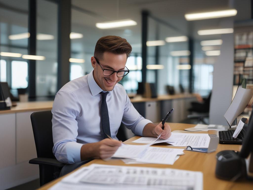 A hyper-realistic close-up shot of a smiling business professional in a modern office setting, reviewing GST registration documents. The subject should be focused on the paperwork with a confident expression, emphasizing professionalism and efficiency. The background should be softly blurred to keep the focus on the subject, with a warm and inviting office atmosphere. The colors should be vibrant, matching the primary color rgb(50, 170, 39) to create a harmonious visual appeal.