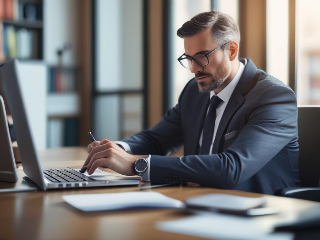 A close-up shot of a professional consultant sitting at a modern desk, analyzing GST documents on a laptop. The background is softly blurred with a focus on the consultant's expressions and gestures, conveying focus and expertise. The scene is well-lit, and the overall color tone complements a primary color of rgb(50, 170, 39), emphasizing professionalism and trust.