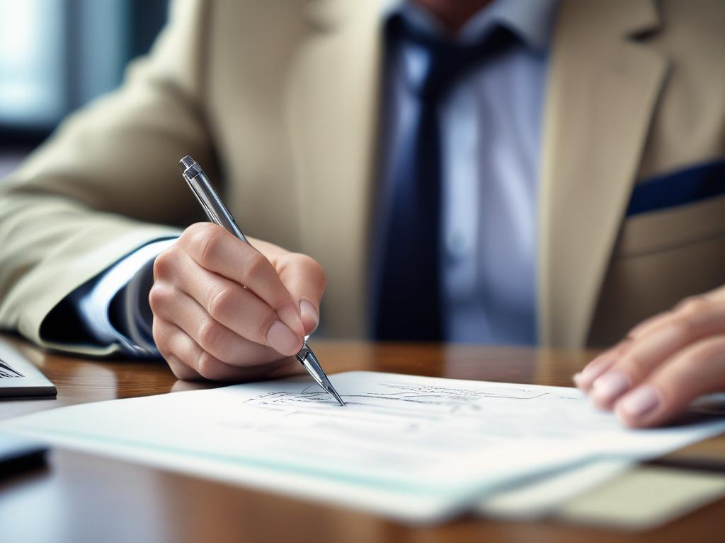 A close-up shot of a business professional confidently filling out partnership registration documents on a clean desk. The image should capture the focused expression of the individual, with a blurred office background to convey a professional environment. Ensure the lighting highlights the documents and the person's hands, emphasizing a sense of clarity and determination. The image should be in high resolution, shot with a 45mm f/1.2 lens style, and feature the primary color rgb(50, 170, 39) subtly integra