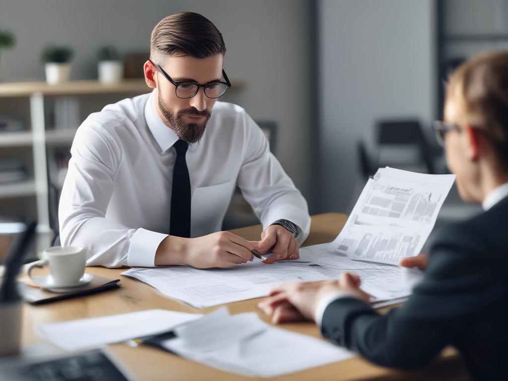 A hyper-realistic close-up of a confident tax consultant sitting at a modern desk, reviewing tax documents on a laptop. The consultant is wearing professional attire, with a focused expression, surrounded by neatly organized office supplies. The background is softly blurred to emphasize the consultant, with warm lighting to create a welcoming atmosphere. The primary color theme aligns with rgb(50, 170, 39), enhancing the professionalism of the scene.