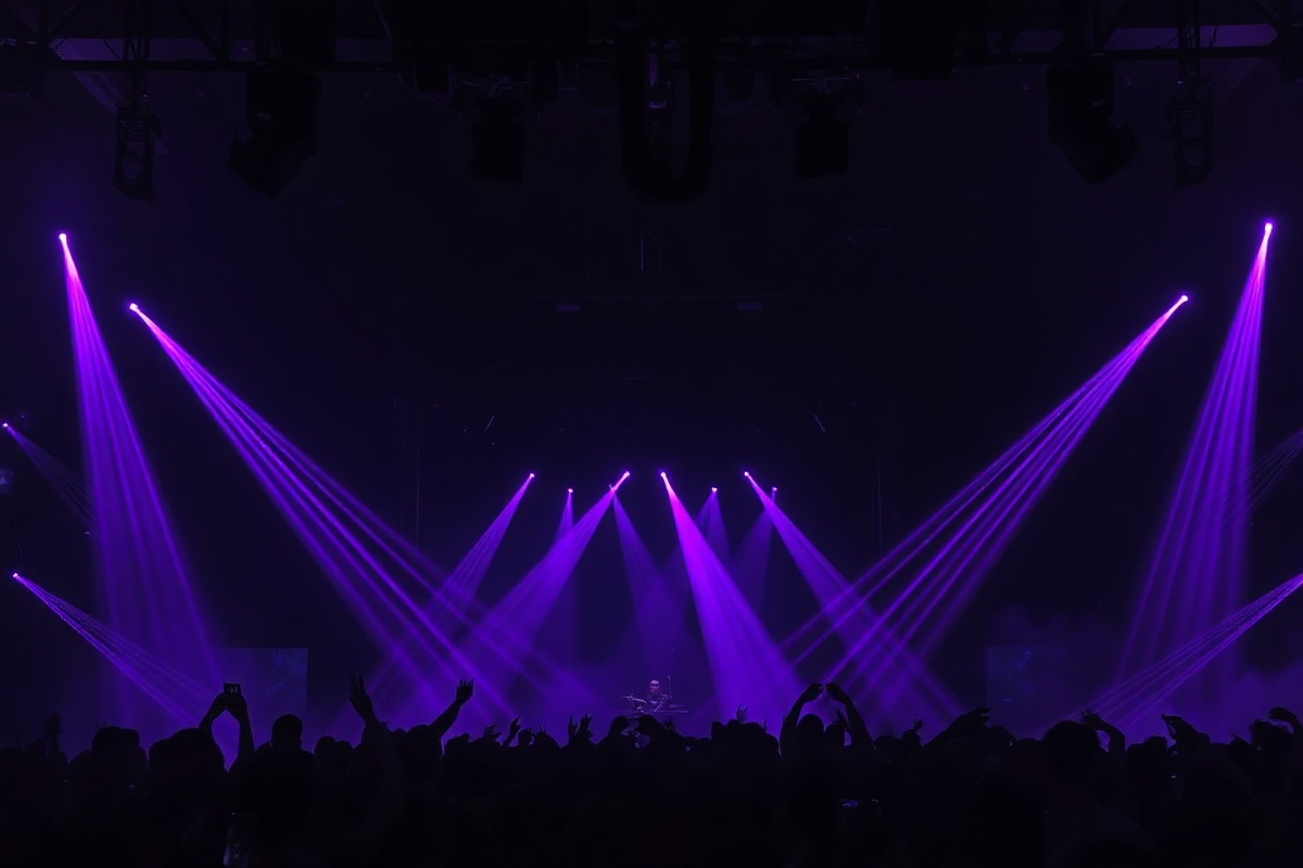 Warehouse techno stage with purple lasers over a silhouetted crowd