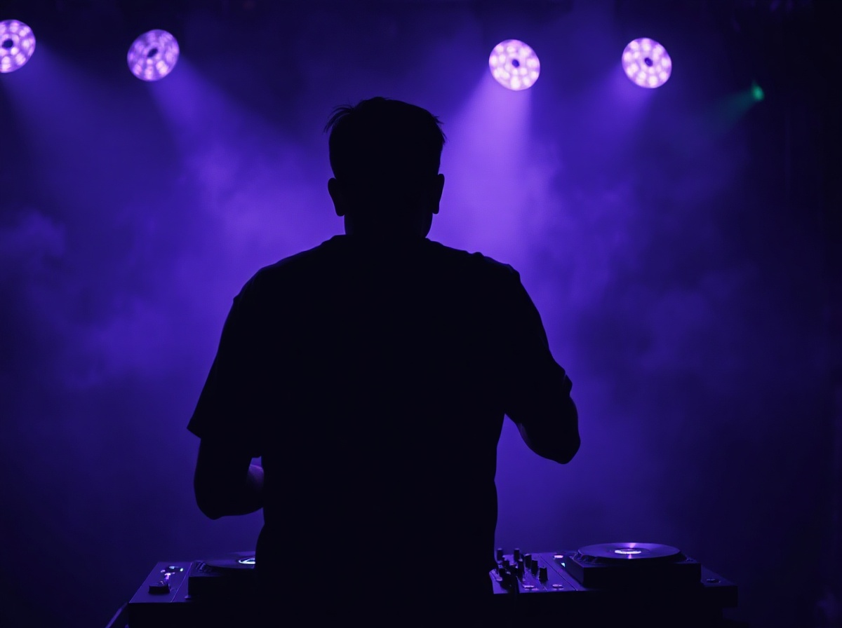 AXIOM silhouetted behind the decks under purple club lighting