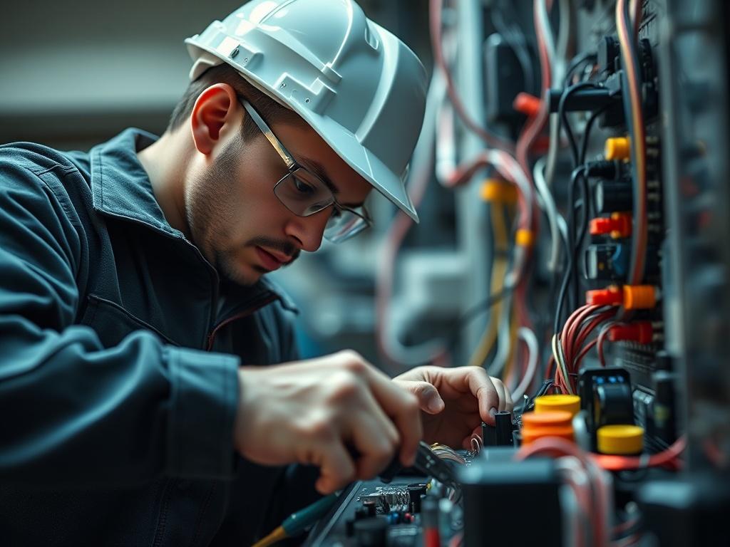A hyper-realistic close-up shot of an electrician working on a circuit board, showcasing attention to detail and professionalism. The background is softly blurred to highlight the electrician at work, emphasizing the tools and equipment used. The color palette should harmonize with the primary color #062767, creating a cohesive and inviting visual representation of electrical expertise.