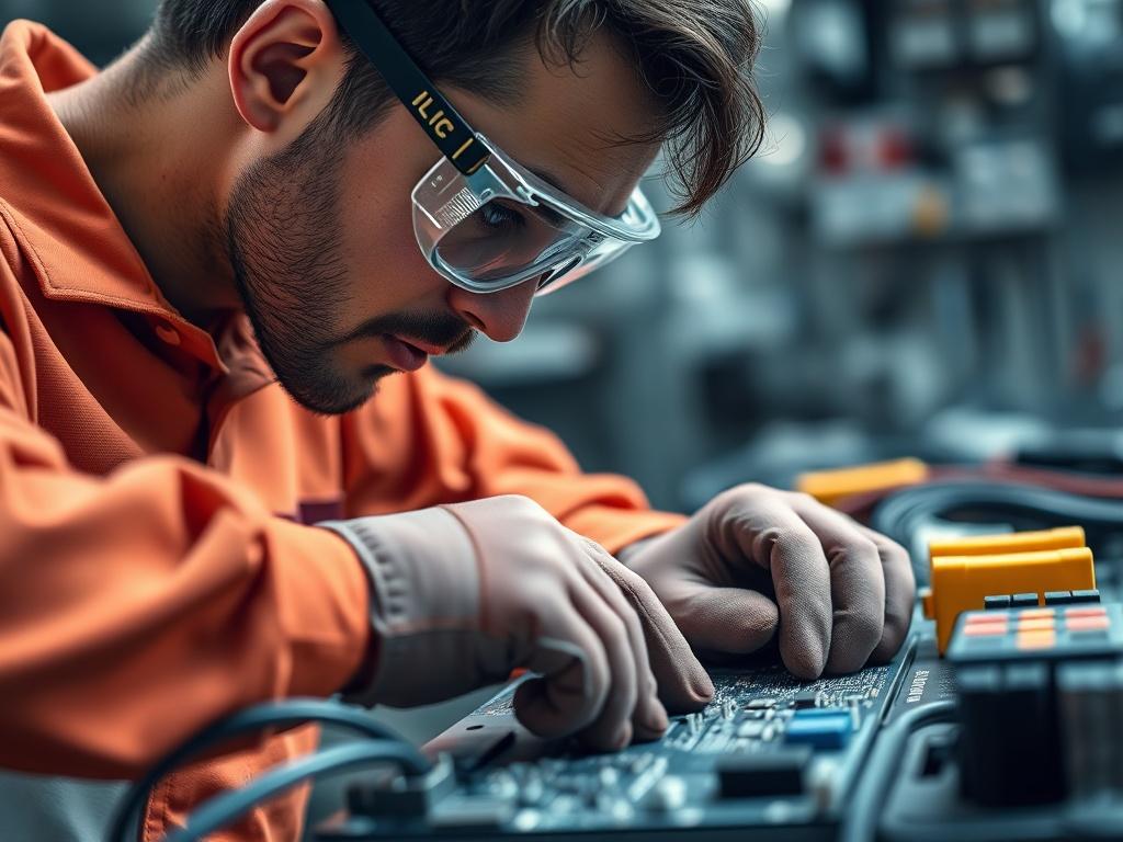 A hyper-realistic close-up shot of an electrician working on a circuit board, wearing safety gloves and goggles, with tools neatly arranged beside him. The background should be softly blurred to emphasize the electrician and the intricate details of the circuit board. The lighting should highlight the colors and textures, creating a professional and inviting atmosphere.