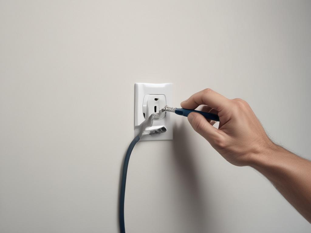 A close-up shot of a professional electrician's hands using a screwdriver to install a modern electrical outlet on a clean white wall. The background is softly blurred, highlighting the detailed work. The lighting is bright and natural, emphasizing the precision and care in the installation. The image uses a 45mm f/1.2 lens style, with a color palette compatible with rgb(3, 125, 201), focusing on blue tones to convey trust and professionalism.