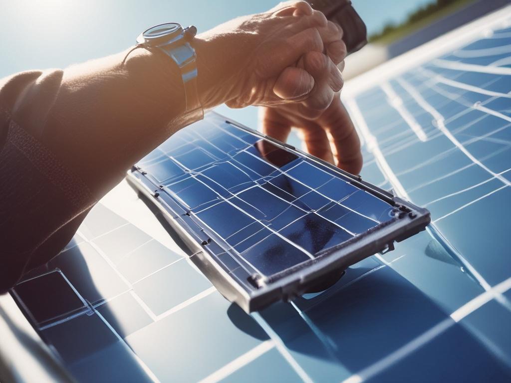 A close-up image of a technician's hand adjusting a solar panel connector under bright sunlight. The solar panel surface reflects the clear blue sky, and the background features a subtle hint of green foliage. The focus is sharp on the connector and hand, with a shallow depth of field created by a 45mm f/1.2 lens style. The color scheme includes vibrant blues and greens, matching rgb(3, 125, 201) to emphasize eco-friendly technology and precision.