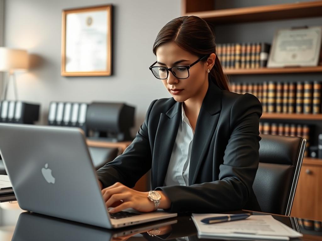 A hyper-realistic close-up image of a professional personal assistant working at a desk in a modern law office. The assistant, a focused individual in business attire, is reviewing legal documents on a laptop with a notepad and pen beside them. The background features a well-organized office with legal books and a framed diploma on the wall, showcasing a professional atmosphere. Shot with a 45mm f/1.2 lens for a crisp focus on the assistant, highlighting their concentration and dedication.