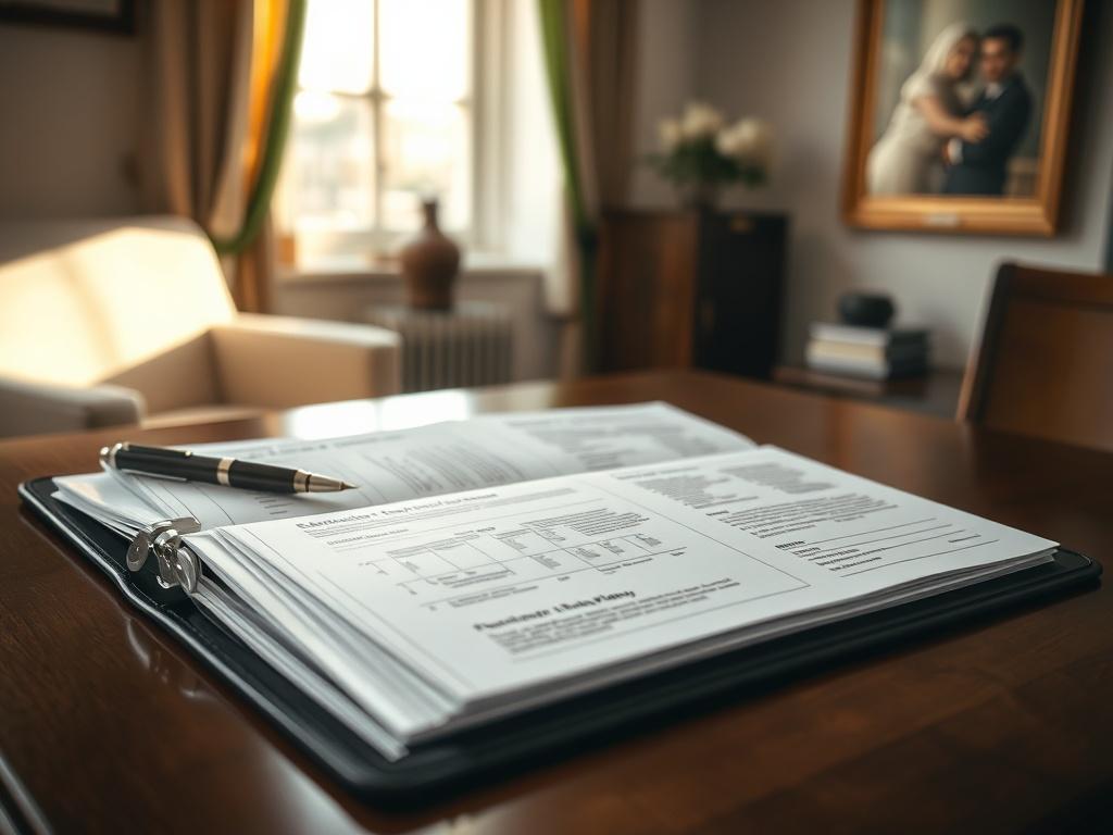 Create a highly detailed, realistic high-resolution photo that visually represents the blog titled "Avoiding Pitfalls in Outdated Estate Plans." The composition should feature a close-up shot of an opened, organized estate planning binder resting on a polished wooden desk. The binder should be filled with neatly arranged documents, highlighting important pages with charts and checklists related to estate planning. 

In the background, softly blurred, there should be a serene lit environment with a soft glow