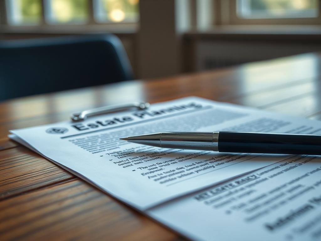 A close-up shot of a document with a pen lying on top, symbolizing estate planning. The document should be neatly arranged on a wooden table with soft natural lighting. The background is blurred to focus on the document and pen, evoking a sense of professionalism and clarity. The colors should complement the rgb(0, 44, 66) primary color theme.