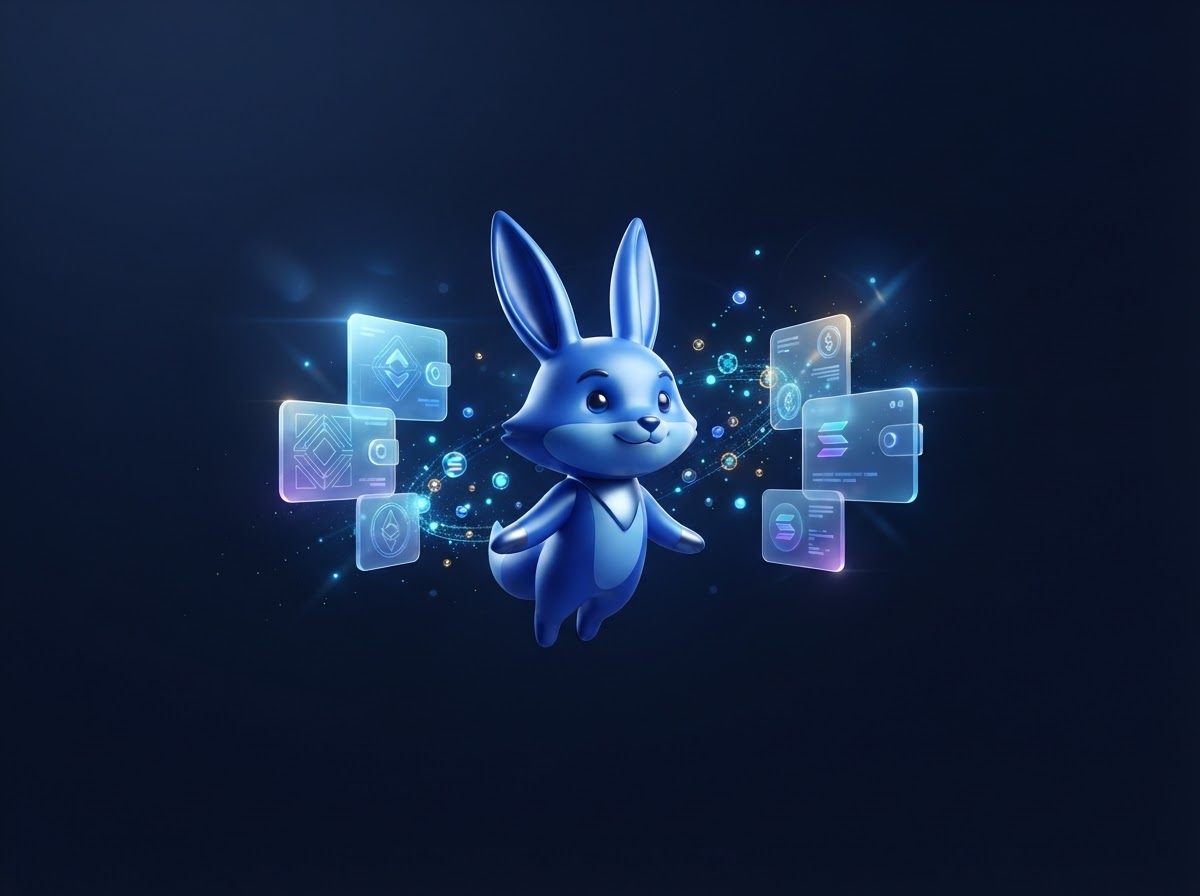 A blue Rabby-inspired mascot floating beside glowing wallet cards