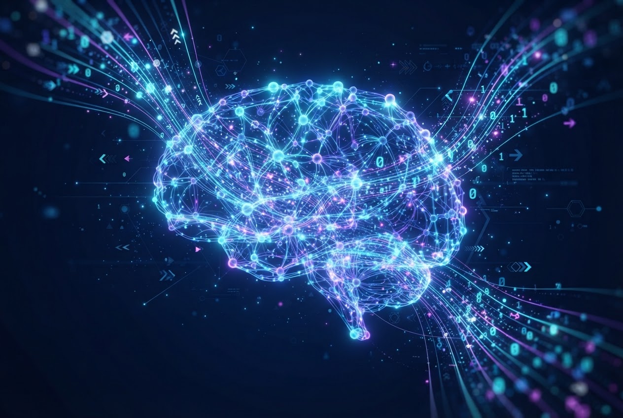 AI machine learning concept with glowing neural network and data streams