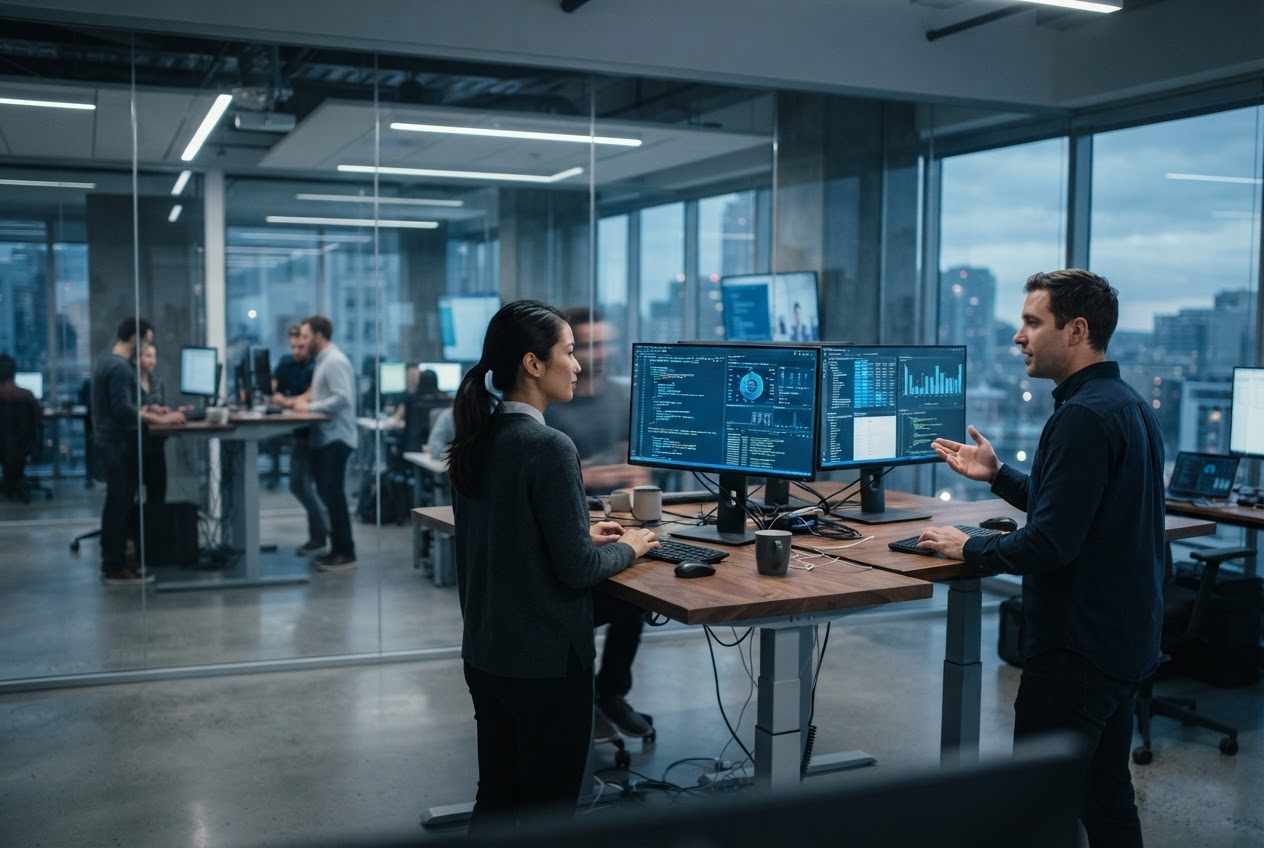 Modern tech office with engineers working at standing desks