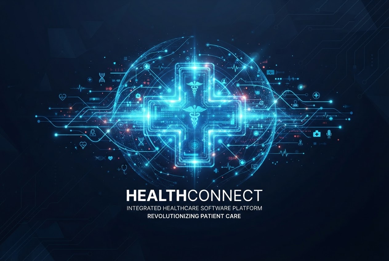 Healthcare software platform concept with glowing medical cross and data network