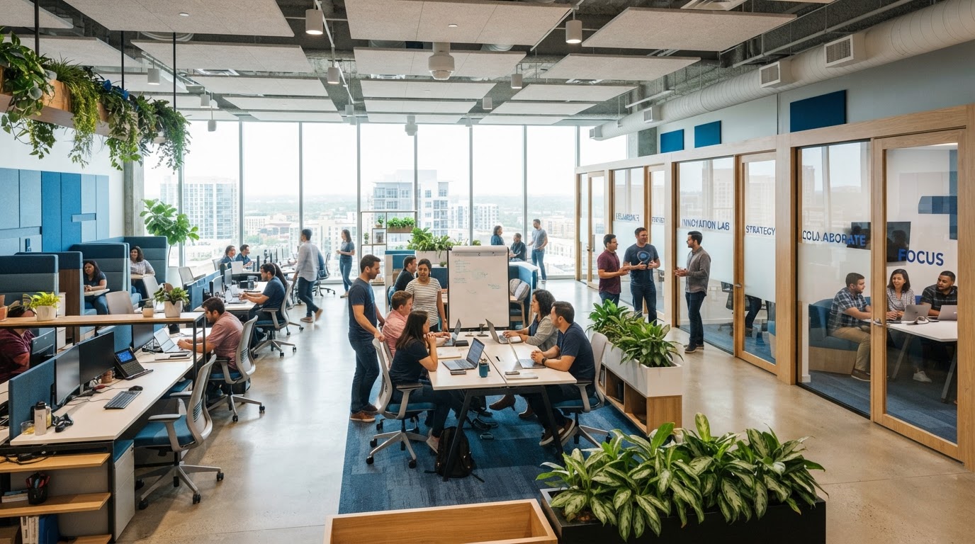 TechTalent Global team collaborating in a bright modern office