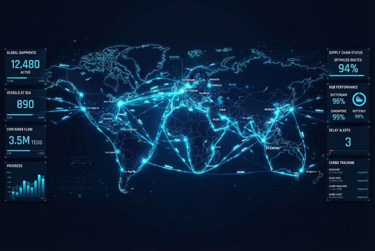 Global logistics concept with glowing world map and connected shipping routes