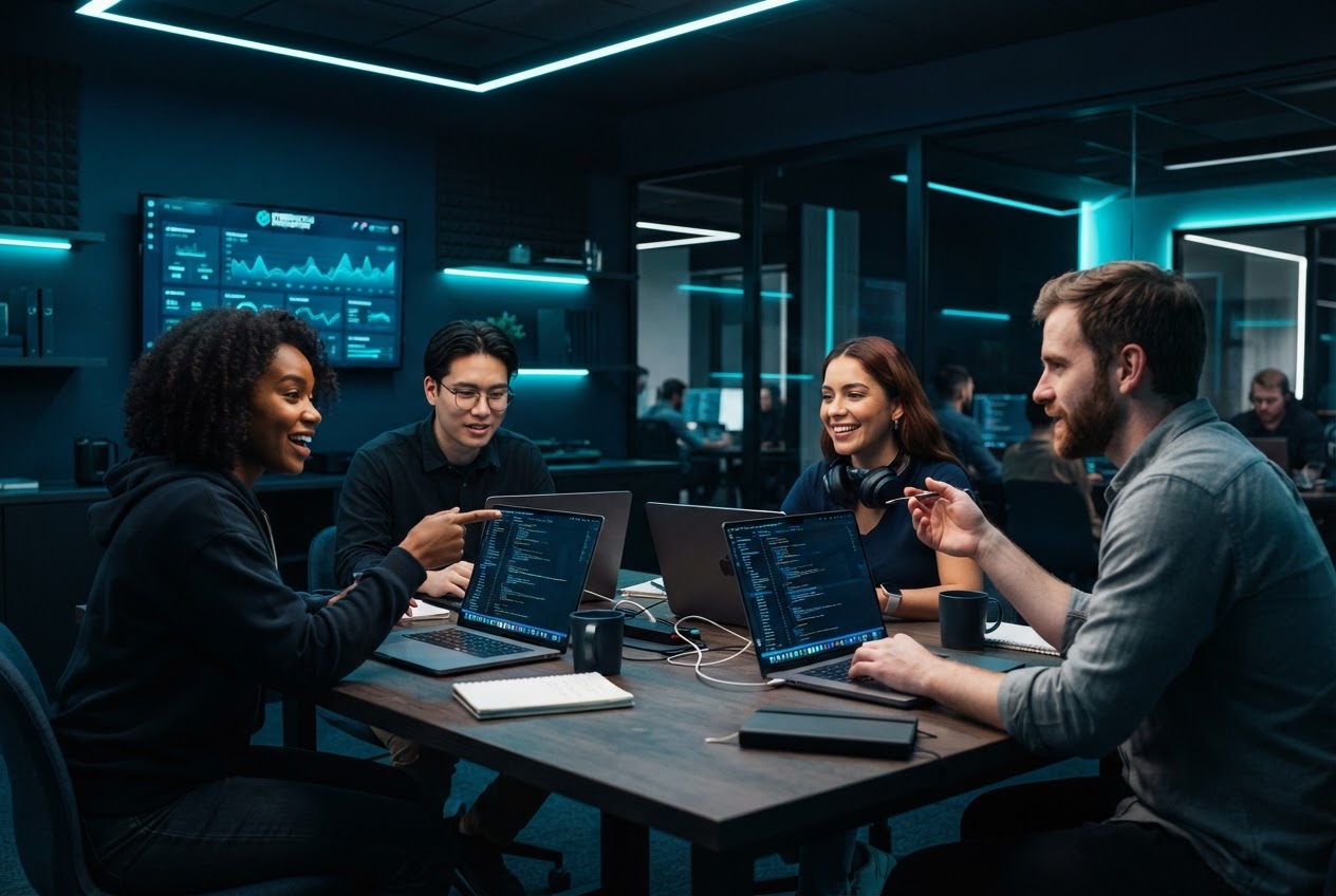 Engineering team collaborating in a modern, high-tech workspace