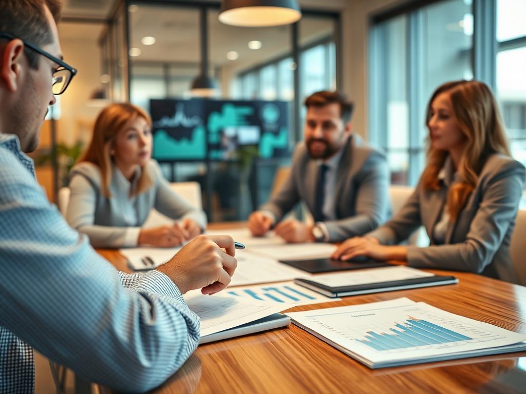A close-up of a business meeting in progress, with professionals discussing strategies over a table filled with documents and a laptop showing data analytics. The setting is modern and collaborative, conveying a sense of teamwork and strategic planning. The background reflects a corporate environment with an emphasis on growth and development, while the image is vibrant and engaging.