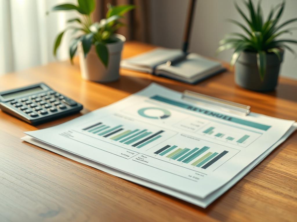 A close-up of a financial report with graphs and charts showcasing revenue growth, placed on a wooden desk with a stylish calculator and a potted plant in the background. The lighting is soft, highlighting the details of the report, and the overall tone is professional and inviting. The color palette includes shades of green, emphasizing growth and success.
