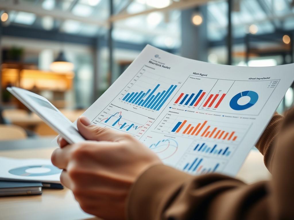 A close-up shot of a person studying a detailed market report with graphs and charts. The background should feature a bright, inviting workspace, conveying a sense of professionalism and analytical thinking.
