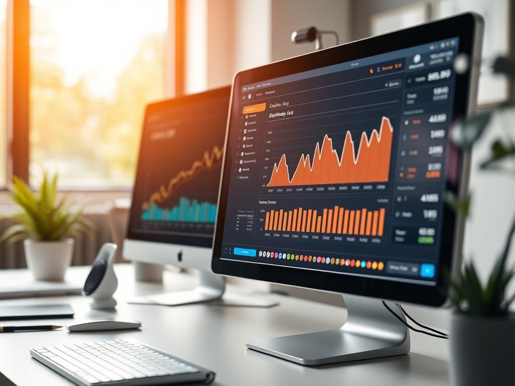 A close-up shot of a computer screen displaying dynamic pricing charts and analytics for short-term rentals. The setting should be a modern workspace, highlighting a professional approach to revenue management.