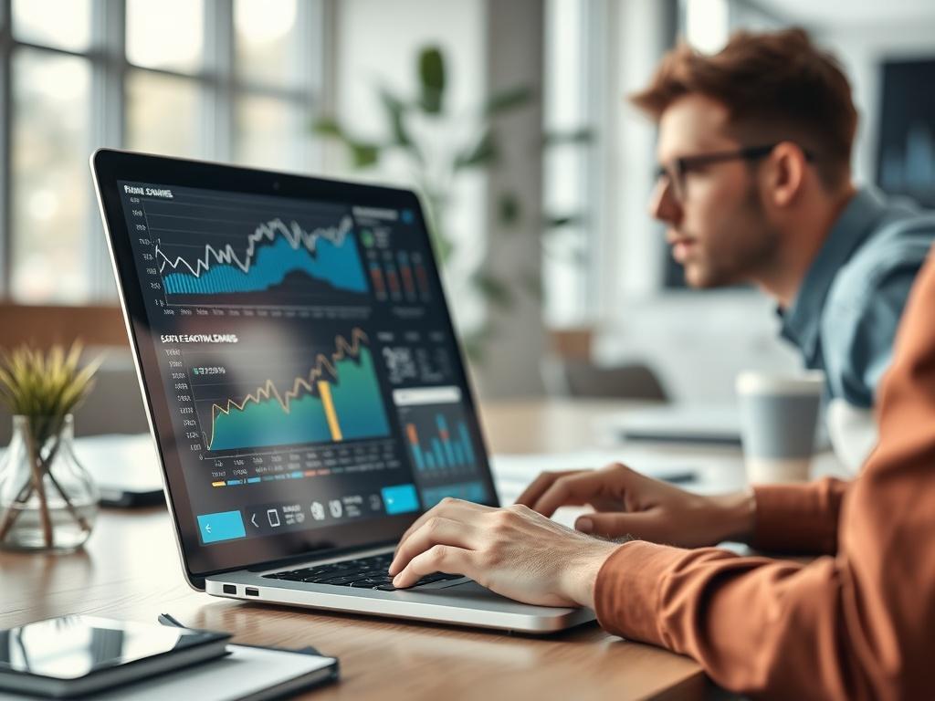 A close-up shot of a person analyzing data on a laptop, surrounded by charts and graphs depicting revenue growth. The background should be a clean, modern office space with natural light, emphasizing a professional and focused atmosphere.