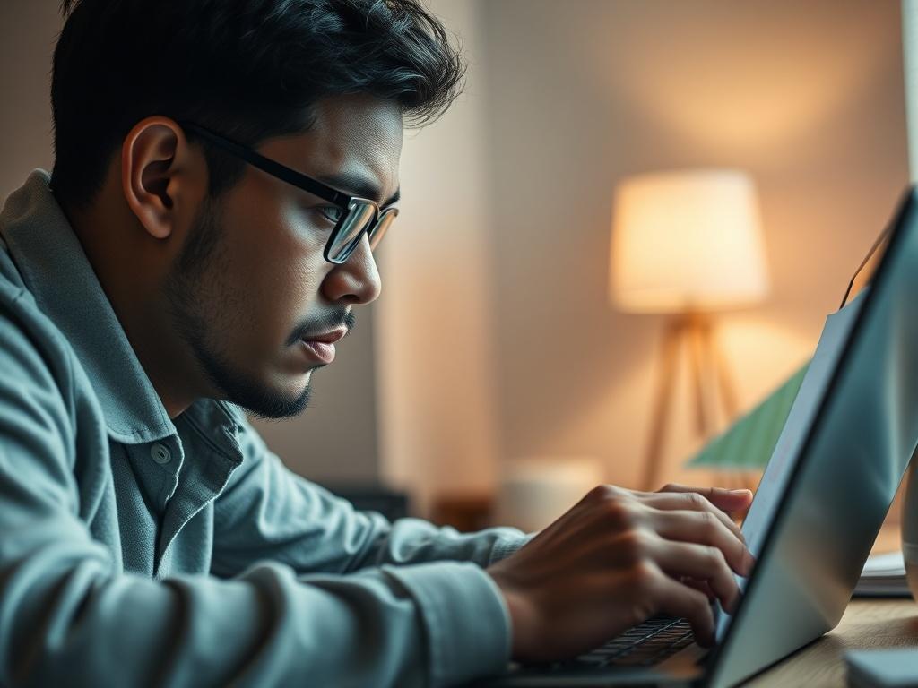 **AI Image Generation Prompt:**

Create a realistic high-resolution photograph that embodies the concept of strategic revenue management for short-term rental hosts. The image should feature a focused close-up of a thoughtful individual, a revenue manager or property host, deeply engaged in analyzing market data and pricing strategies on a laptop. Ensure the subject's expression conveys concentration and insight, reflecting the weight of important financial decisions. 

The background should be simple and u