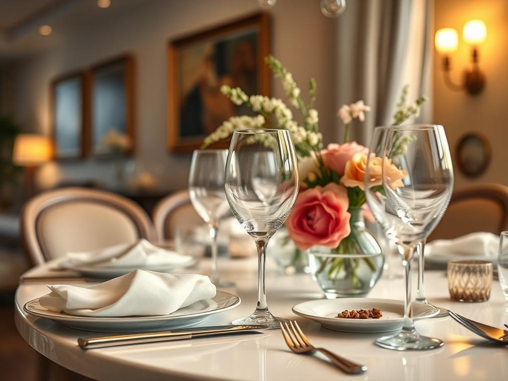 A close-up shot of an elegant dining area in a short-term rental, featuring a beautifully set table with fine china, sparkling glassware, and fresh flowers. The background should show a well-decorated space with tasteful artwork and ambient lighting. This image should evoke a sense of sophistication and luxury, highlighting the premium experience guests can expect. Shot with a 45mm f/1.2 lens style, focusing on the intricate details of the setting.