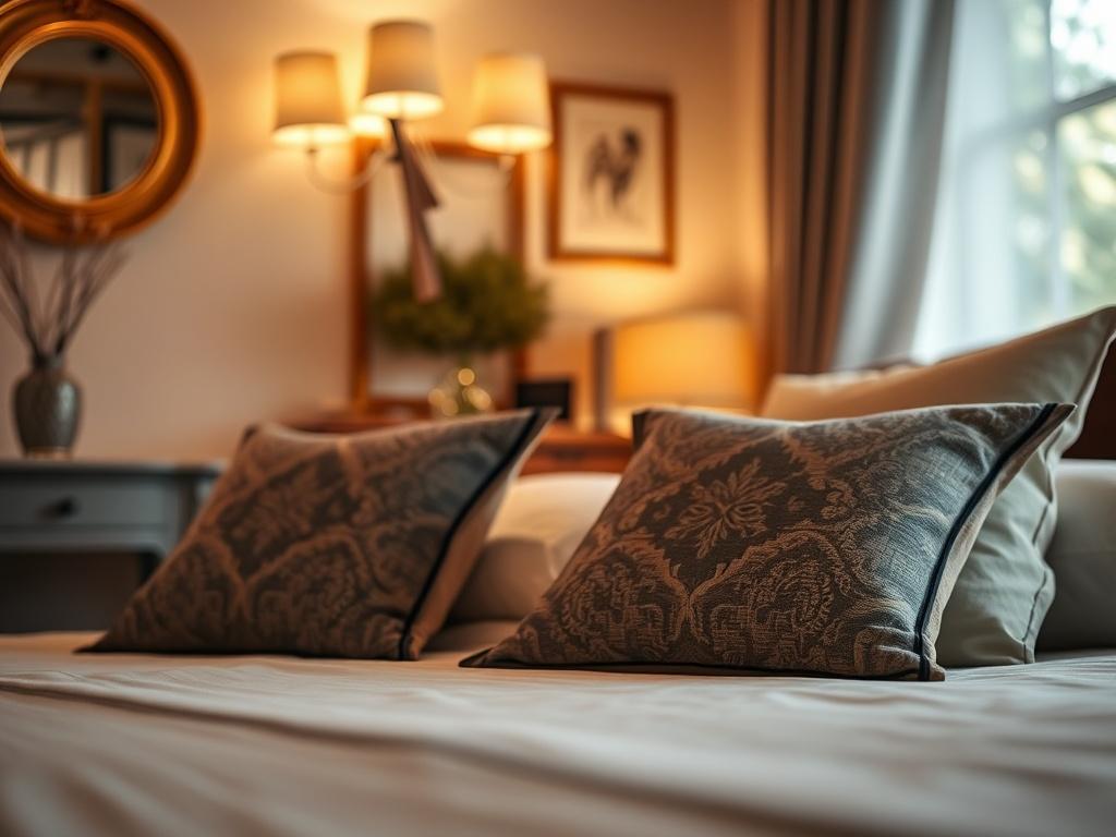 A close-up shot of a welcoming rental space, featuring a neatly made bed with decorative pillows, warm lighting, and a cozy ambiance. The background should include tasteful decor and a window with soft curtains that allow natural light to filter in. The image should evoke a sense of comfort and welcoming hospitality, emphasizing the appeal of short-term rentals. Shot with a 45mm f/1.2 lens style, focusing on the inviting details of the room.