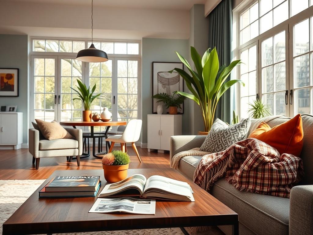 A close-up shot of a stylish rental living room, showcasing modern furniture, vibrant decor, and a welcoming atmosphere. The scene should highlight a beautifully arranged coffee table with magazines and a cozy throw blanket on a sofa. Natural light should filter through large windows, enhancing the inviting ambiance. The image should capture the essence of a sophisticated yet comfortable short-term rental space. Shot with a 45mm f/1.2 lens style, focusing on the inviting details of the room.