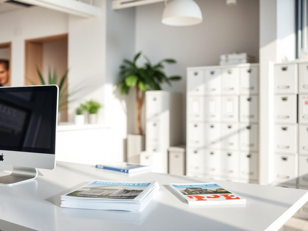 A clean and modern property management office with bright, welcoming decor, a desk with a computer and rental brochures, and a well-organized file system in the background. The scene should convey professionalism and efficiency, shot in a bright and airy space with natural light.