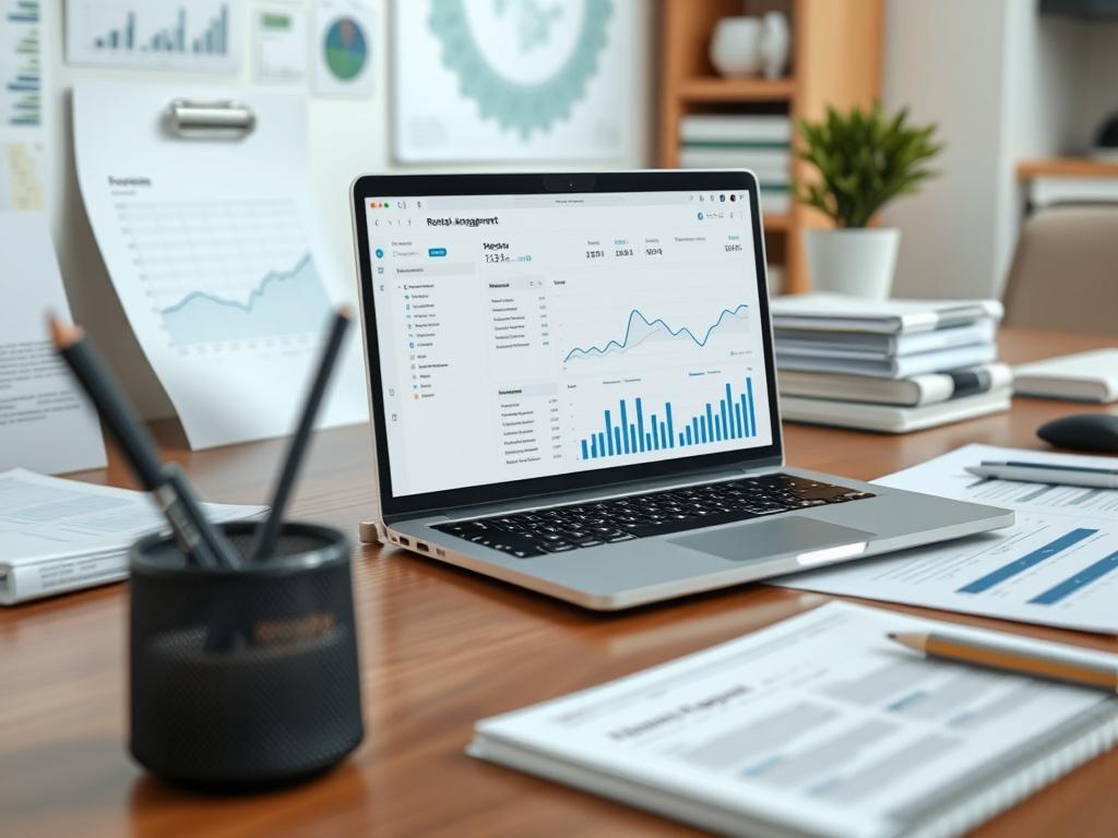 A close-up of a clean, organized desk with transparent financial reports and management documents, reflecting clarity and professionalism. The desk should have a laptop open with a financial dashboard displayed, emphasizing the transparency and efficiency of the rental management process.