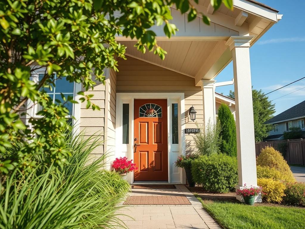 A welcoming rental property with a well-maintained exterior and inviting entrance, showcasing the potential for long-term tenants. The image should capture a sense of home and community, featuring lush greenery and a clear blue sky in the background, emphasizing comfort and security.