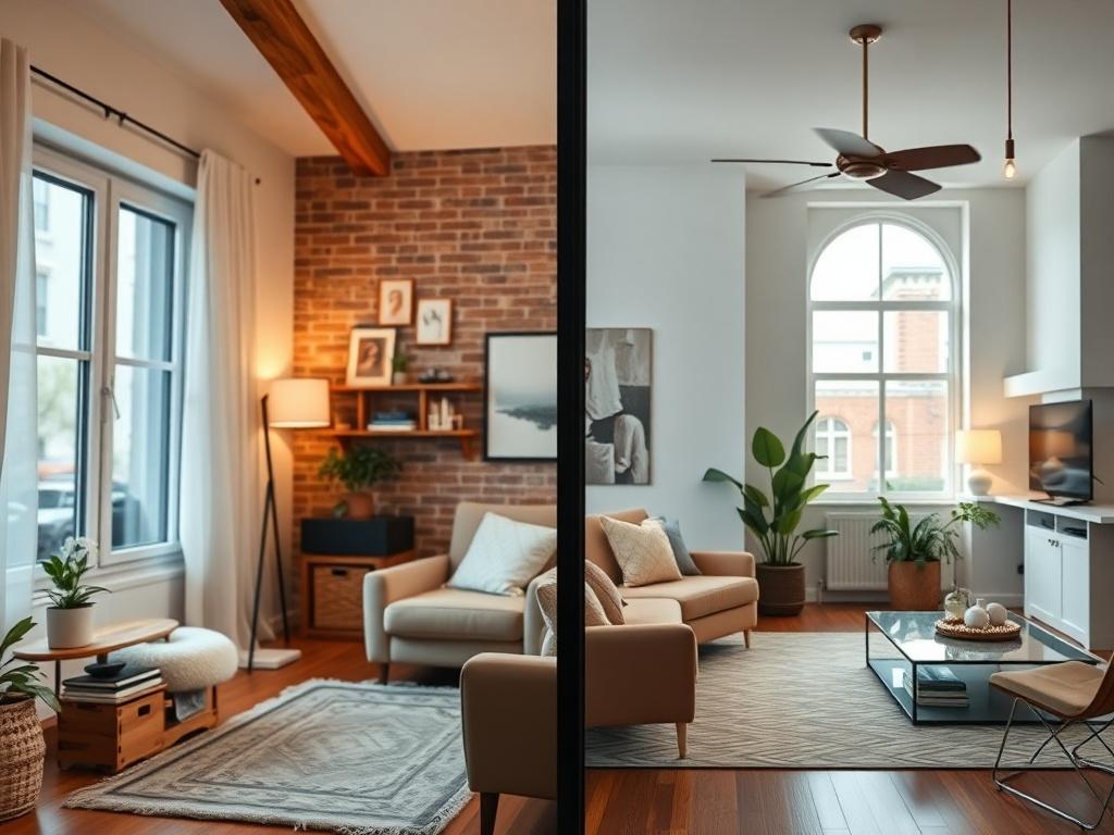 A high-resolution image depicting a split view of a long-term rental and a short-term rental property. The left side features a cozy long-term apartment with personal touches, while the right side displays a stylish short-term rental with modern decor. The contrast highlights the different rental strategies, captured in vibrant colors and realistic detail.